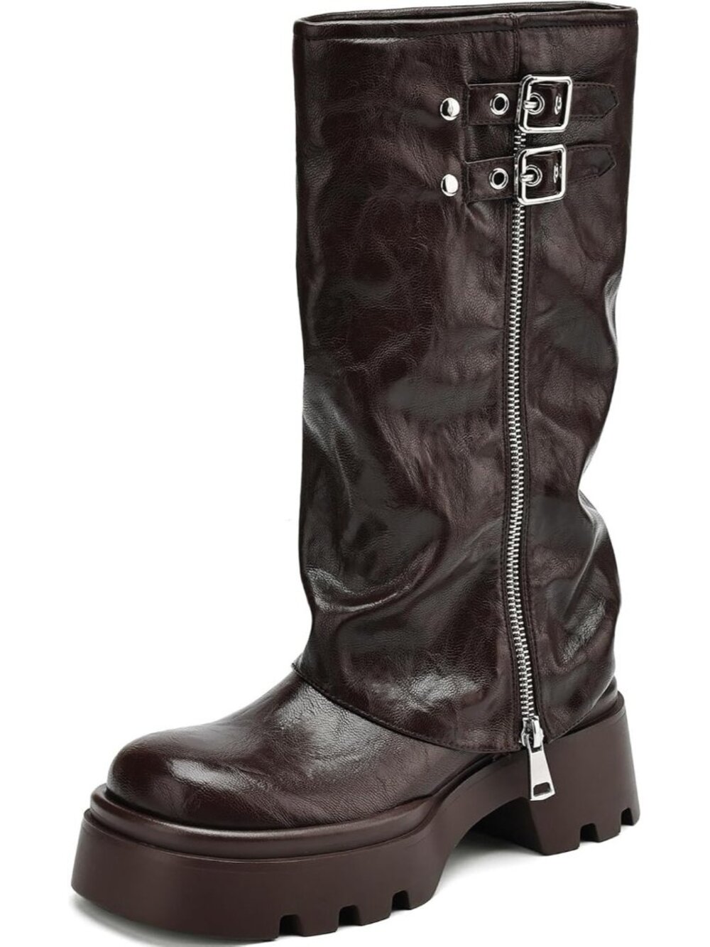 Women's Brown Faux Leather Knee High Moto Boots Wide Calf Platform Buckle Boots